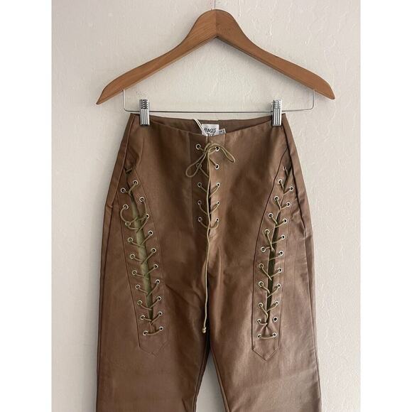 Princess Polly Pants 4 Harvey Faux Leather Lace Up High Rise Brown Flare NEW - Picture 4 of 10
